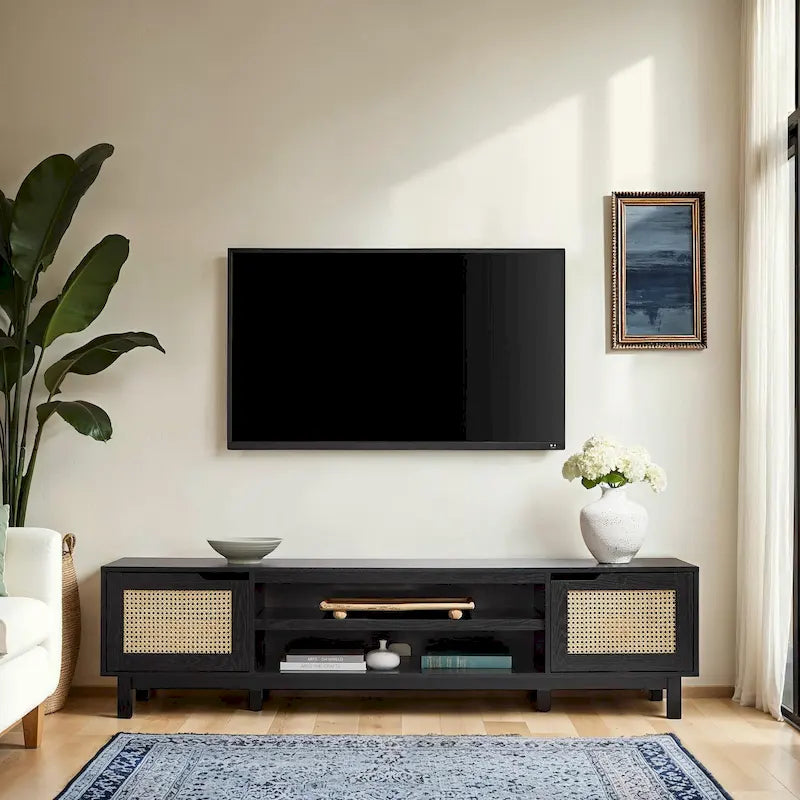 Meuble TV avec portes en faux rotin style scandinave Chêne Côtier / Noir – Compatible avec les TV jusqu'à 75"