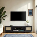 Meuble TV avec portes en faux rotin style scandinave Chêne Côtier / Noir – Compatible avec les TV jusqu'à 75"