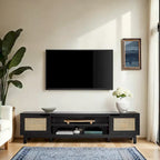 Meuble TV avec portes en faux rotin style scandinave Chêne Côtier / Noir – Compatible avec les TV jusqu'à 75"
