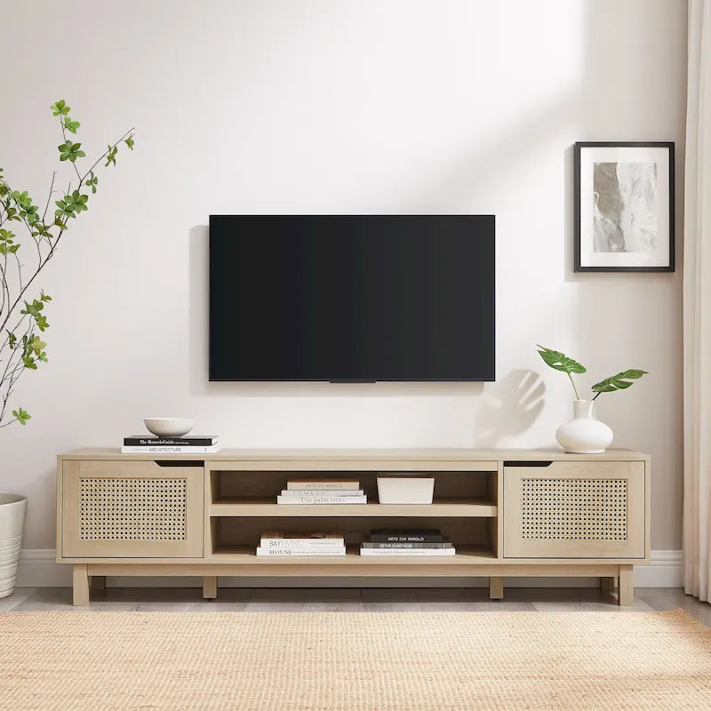Meuble TV avec portes en faux rotin style scandinave Chêne Côtier / Noir – Compatible avec les TV jusqu'à 75"