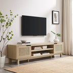 Meuble TV avec portes en faux rotin style scandinave Chêne Côtier / Noir – Compatible avec les TV jusqu'à 75"