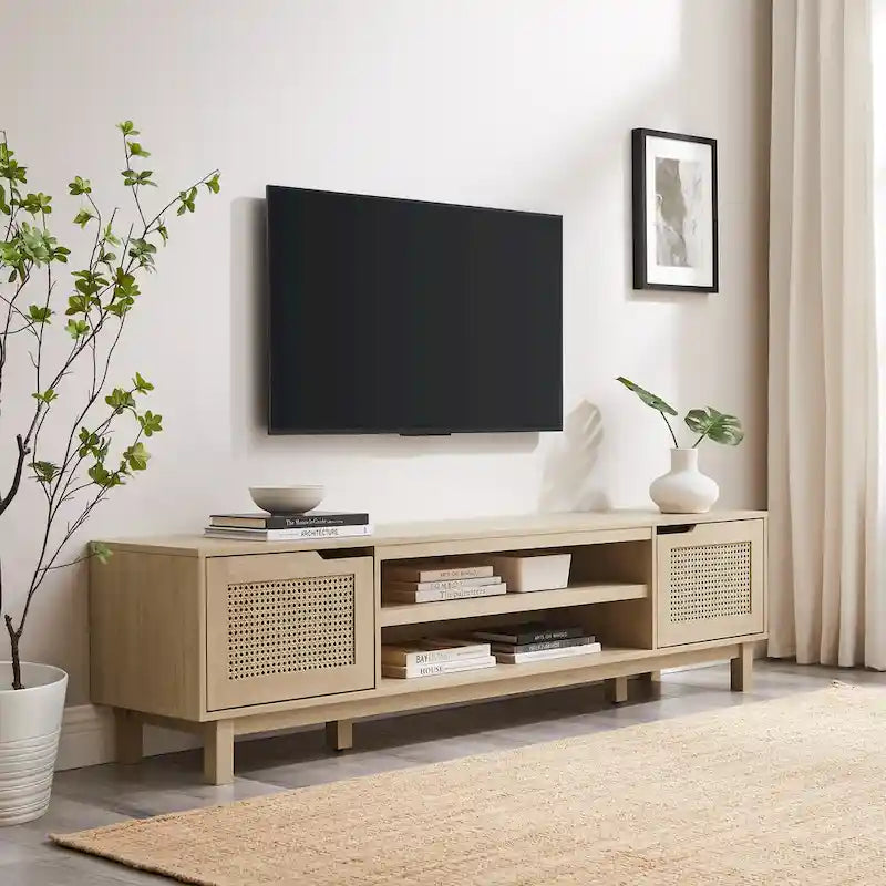 Meuble TV avec portes en faux rotin style scandinave Chêne Côtier / Noir – Compatible avec les TV jusqu'à 75"