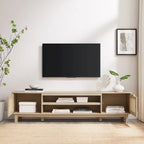 Meuble TV avec portes en faux rotin style scandinave Chêne Côtier / Noir – Compatible avec les TV jusqu'à 75"