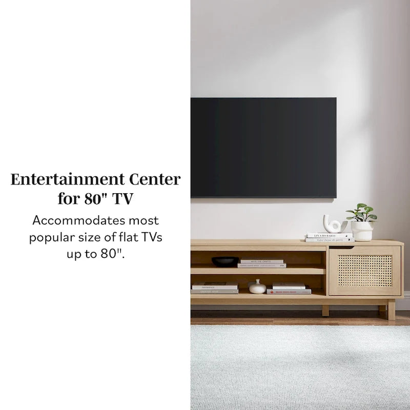 Meuble TV avec portes en faux rotin style scandinave Chêne Côtier / Noir – Compatible avec les TV jusqu'à 75"