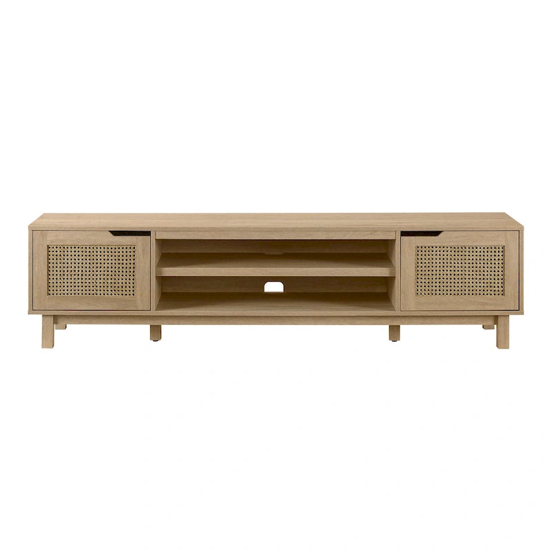 Meuble TV avec portes en faux rotin style scandinave Chêne Côtier / Noir – Compatible avec les TV jusqu'à 75"