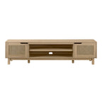 Meuble TV avec portes en faux rotin style scandinave Chêne Côtier / Noir – Compatible avec les TV jusqu'à 75"
