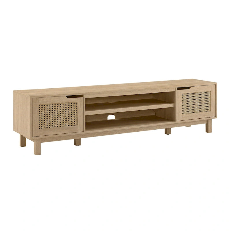 Meuble TV avec portes en faux rotin style scandinave Chêne Côtier / Noir – Compatible avec les TV jusqu'à 75"