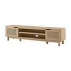 Meuble TV avec portes en faux rotin style scandinave Chêne Côtier / Noir – Compatible avec les TV jusqu'à 75"