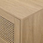 Meuble TV avec portes en faux rotin style scandinave Chêne Côtier / Noir – Compatible avec les TV jusqu'à 75"