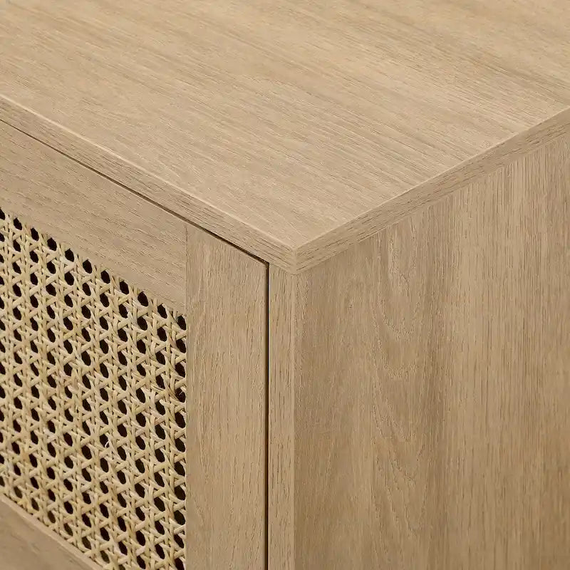 Meuble TV avec portes en faux rotin style scandinave Chêne Côtier / Noir – Compatible avec les TV jusqu'à 75"