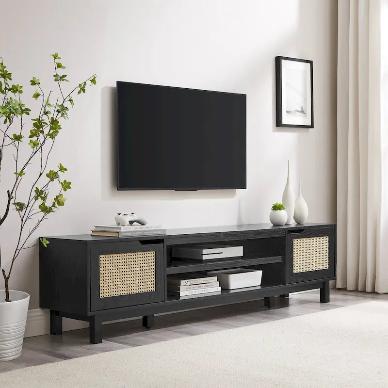 Meuble TV avec portes en faux rotin style scandinave Chêne Côtier / Noir – Compatible avec les TV jusqu'à 75"