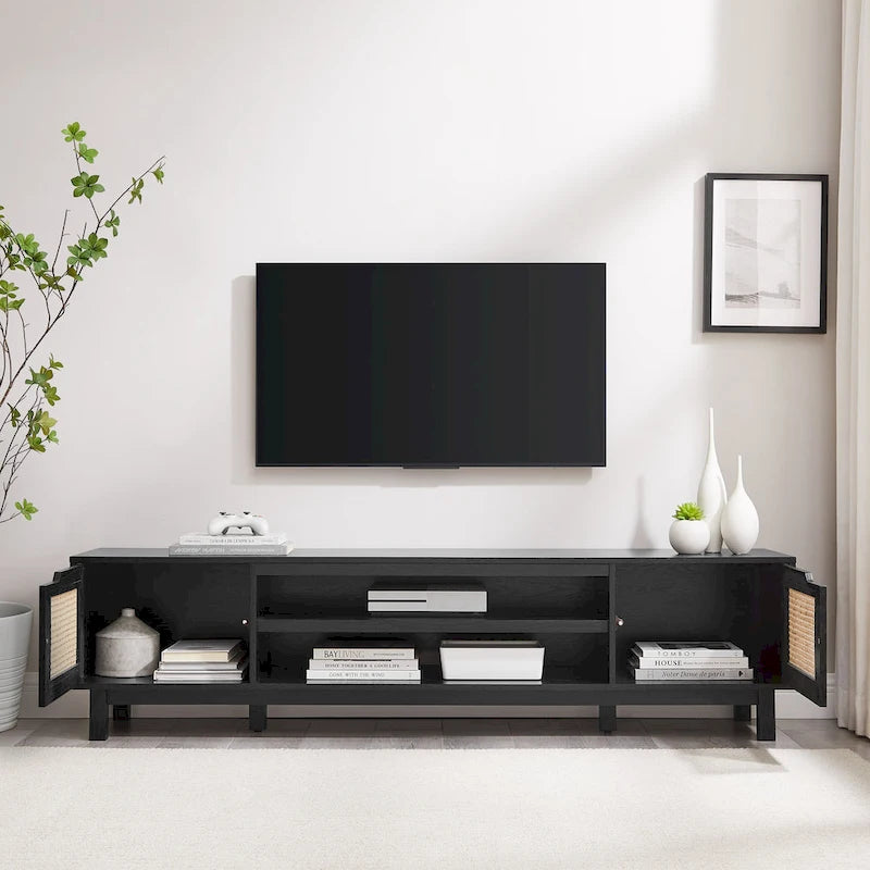 Meuble TV avec portes en faux rotin style scandinave Chêne Côtier / Noir – Compatible avec les TV jusqu'à 75"