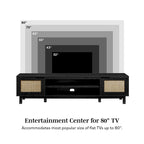 Meuble TV avec portes en faux rotin style scandinave Chêne Côtier / Noir – Compatible avec les TV jusqu'à 75"