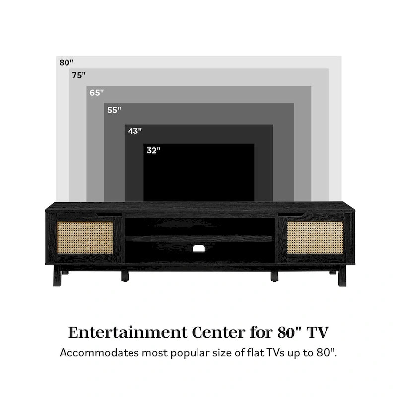 Meuble TV avec portes en faux rotin style scandinave Chêne Côtier / Noir – Compatible avec les TV jusqu'à 75"