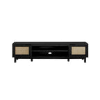 Meuble TV avec portes en faux rotin style scandinave Chêne Côtier / Noir – Compatible avec les TV jusqu'à 75"
