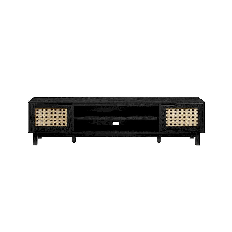 Meuble TV avec portes en faux rotin style scandinave Chêne Côtier / Noir – Compatible avec les TV jusqu'à 75"