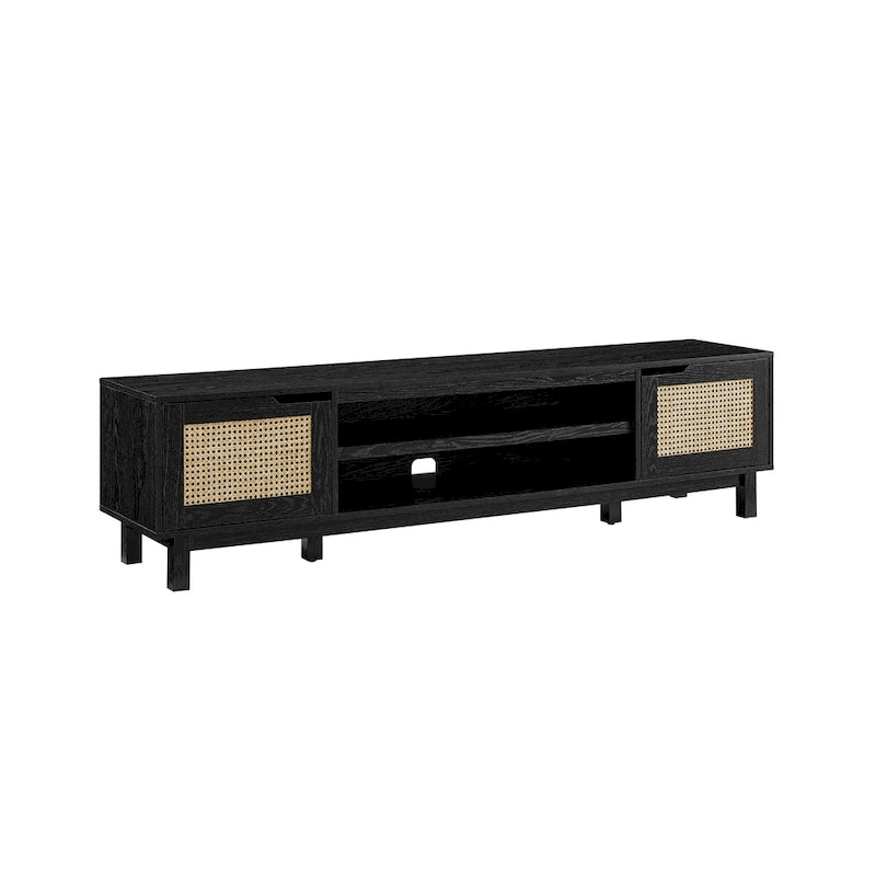 Meuble TV avec portes en faux rotin style scandinave Chêne Côtier / Noir – Compatible avec les TV jusqu'à 75"