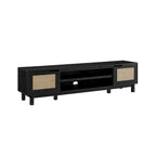 Meuble TV avec portes en faux rotin style scandinave Chêne Côtier / Noir – Compatible avec les TV jusqu'à 75"