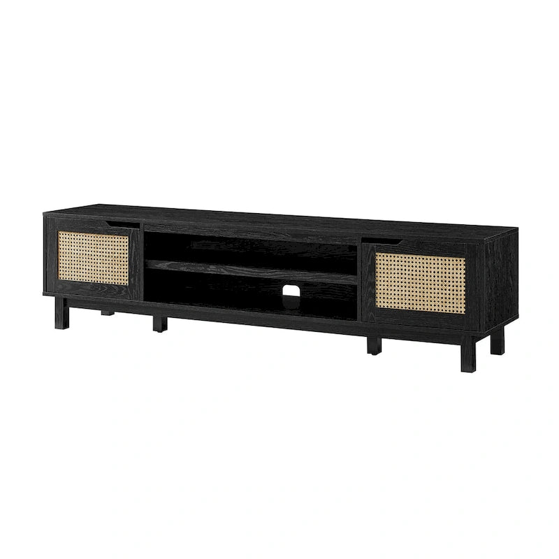 Meuble TV avec portes en faux rotin style scandinave Chêne Côtier / Noir – Compatible avec les TV jusqu'à 75"