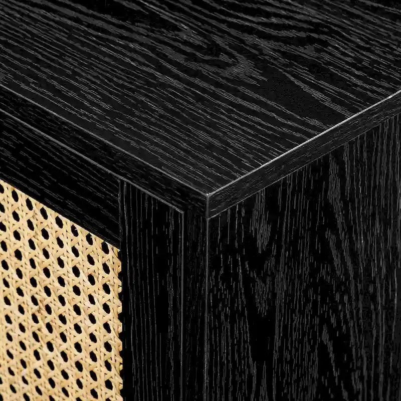 Meuble TV avec portes en faux rotin style scandinave Chêne Côtier / Noir – Compatible avec les TV jusqu'à 75"