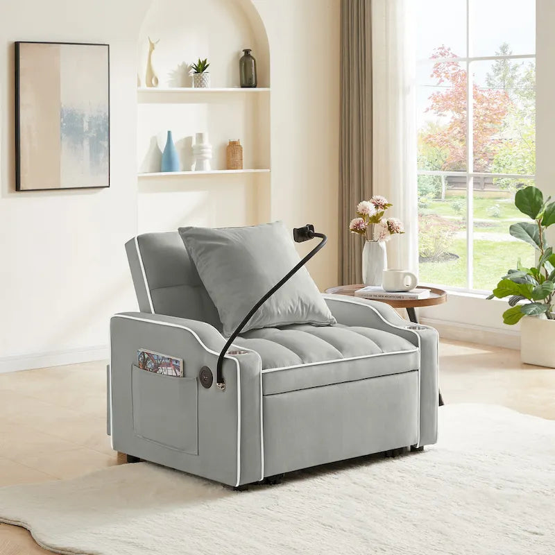 Fauteuil-lit convertible 3-en-1 gris/noir, simple, avec lit gigogne réglable