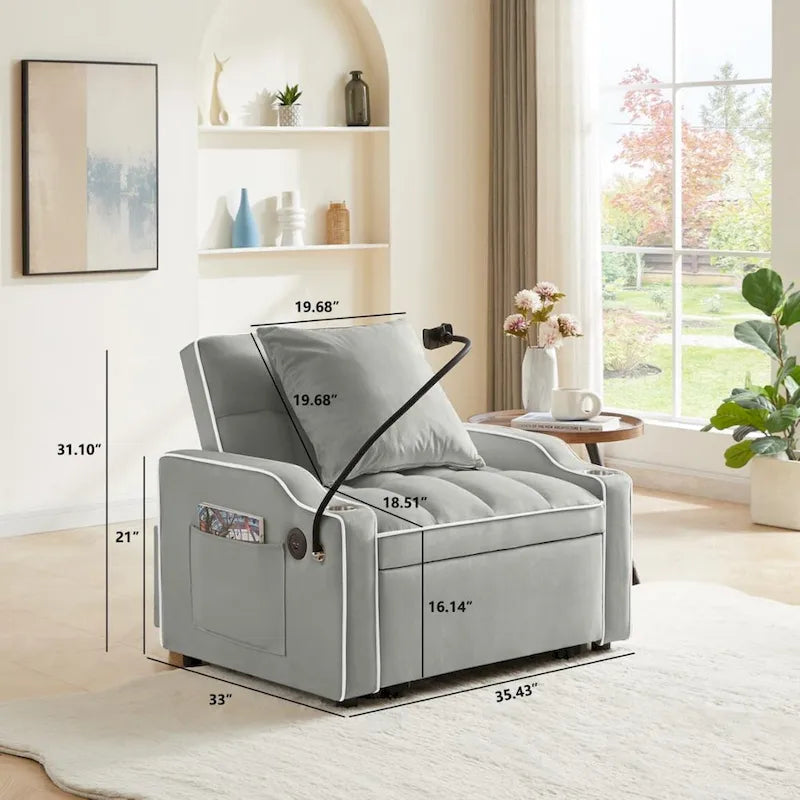 Fauteuil-lit convertible 3-en-1 gris/noir, simple, avec lit gigogne réglable