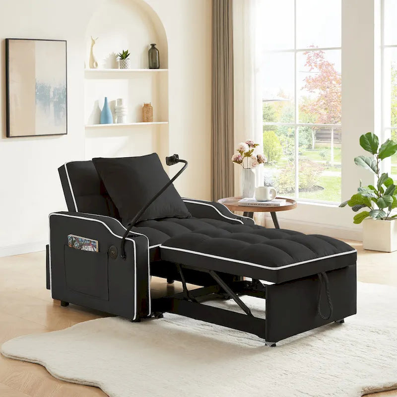 Fauteuil-lit convertible 3-en-1 gris/noir, simple, avec lit gigogne réglable
