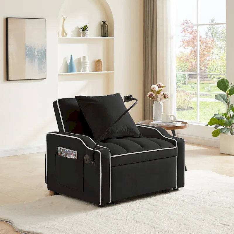 Fauteuil-lit convertible 3-en-1 gris/noir, simple, avec lit gigogne réglable