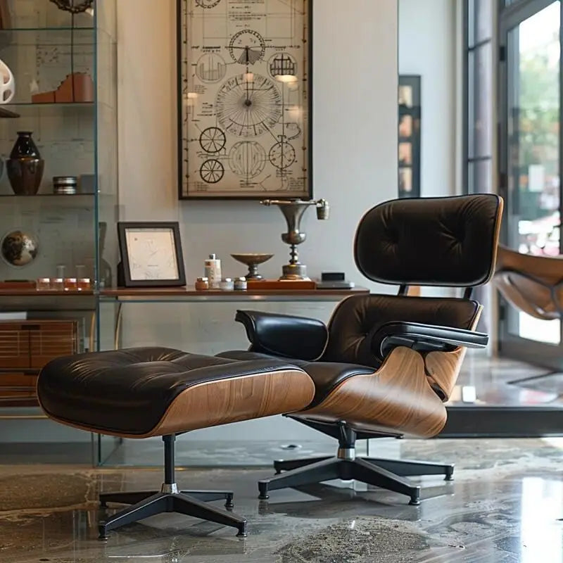 Fauteuil de salon et ottoman en cuir pleine fleur de noyer, 1 place