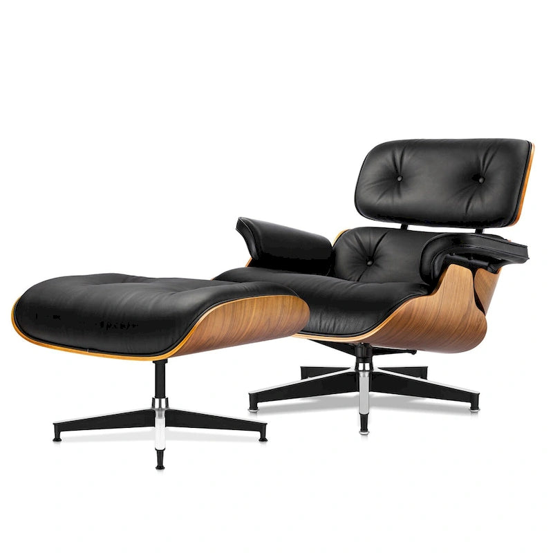 Fauteuil de salon et ottoman en cuir pleine fleur de noyer, 1 place