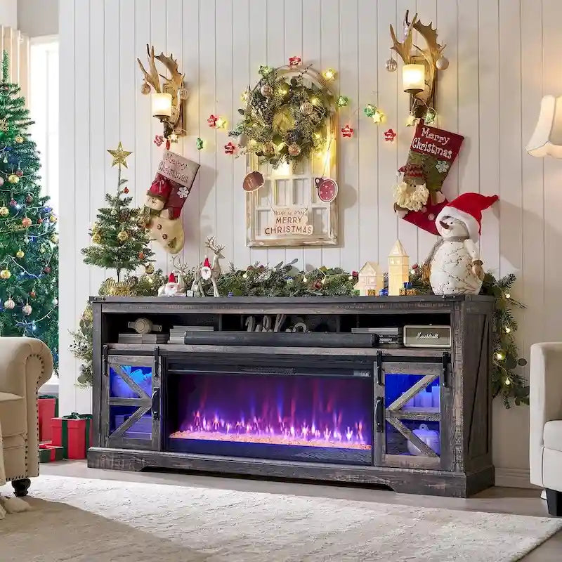 Meuble TV avec cheminée électrique et portes coulissantes style grange, 4 couleurs, compatible TV jusqu'à 80"