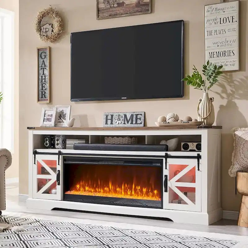 Meuble TV avec cheminée électrique et portes coulissantes style grange, 4 couleurs, compatible TV jusqu'à 80"