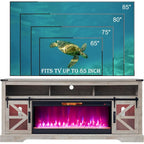 Meuble TV avec cheminée électrique et portes coulissantes style grange, 4 couleurs, compatible TV jusqu'à 80"