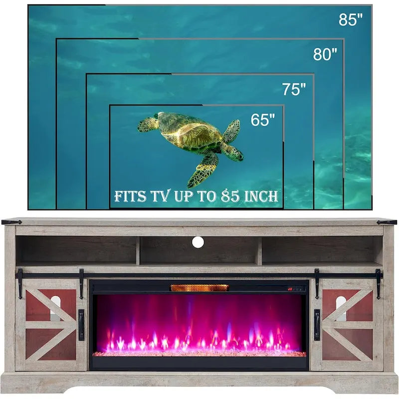 Meuble TV avec cheminée électrique et portes coulissantes style grange, 4 couleurs, compatible TV jusqu'à 80"