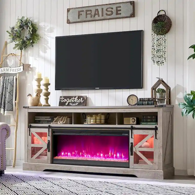 Meuble TV avec cheminée électrique et portes coulissantes style grange, 4 couleurs, compatible TV jusqu'à 80"