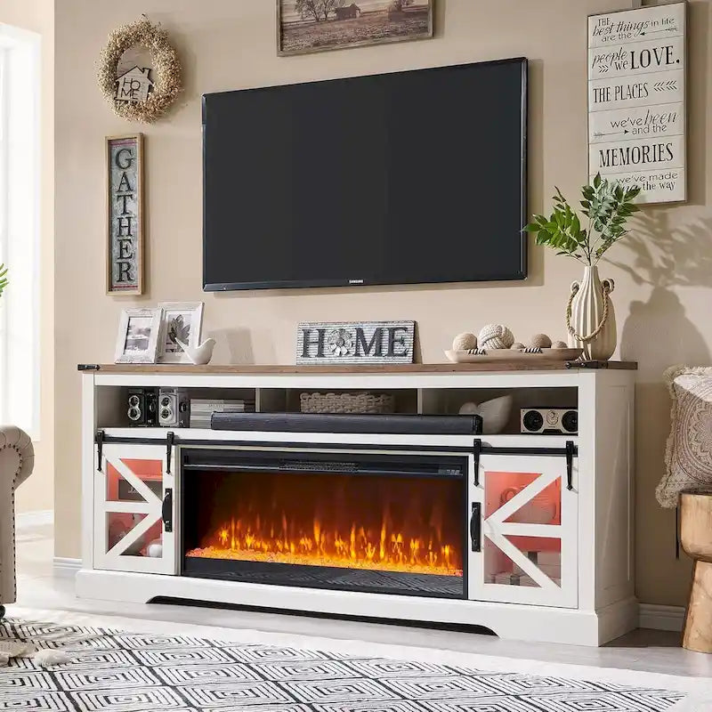 Meuble TV avec cheminée électrique et portes coulissantes style grange, 4 couleurs, compatible TV jusqu'à 80"