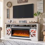 Meuble TV avec cheminée électrique et portes coulissantes style grange, 4 couleurs, compatible TV jusqu'à 80"
