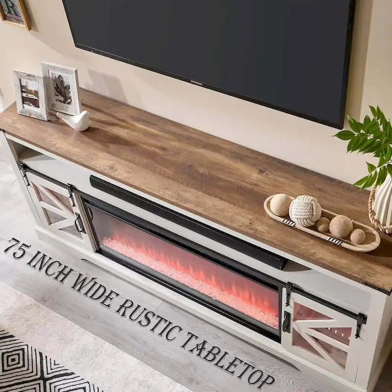 Meuble TV avec cheminée électrique et portes coulissantes style grange, 4 couleurs, compatible TV jusqu'à 80"