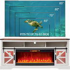 Meuble TV avec cheminée électrique et portes coulissantes style grange, 4 couleurs, compatible TV jusqu'à 80"