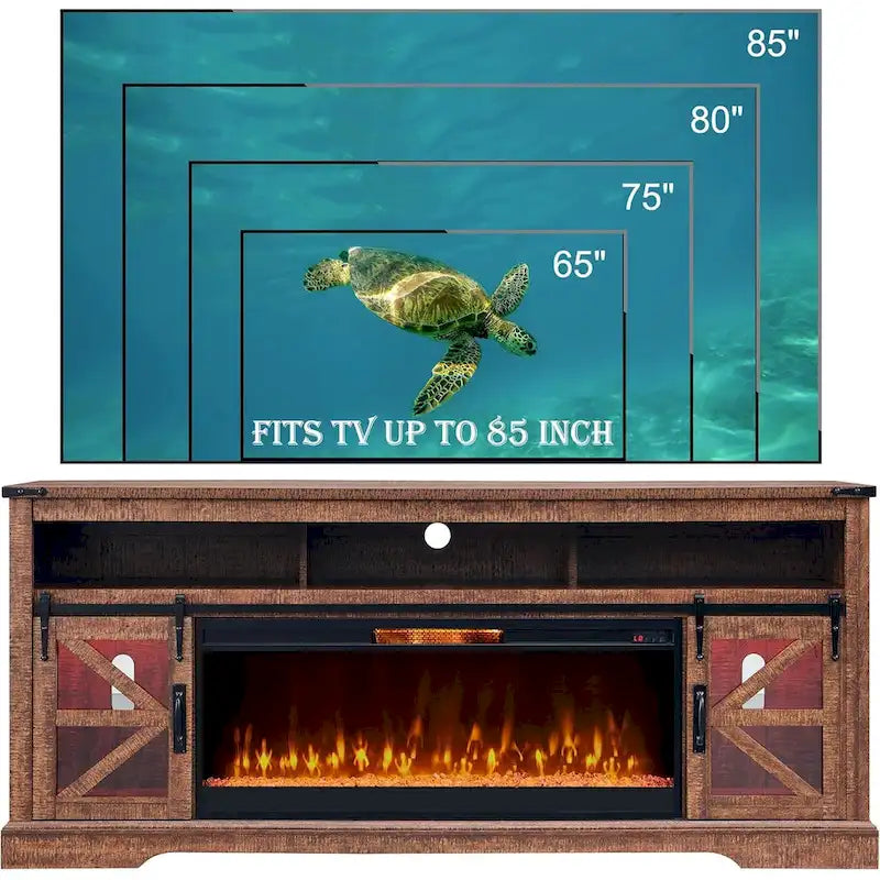 Meuble TV avec cheminée électrique et portes coulissantes style grange, 4 couleurs, compatible TV jusqu'à 80"