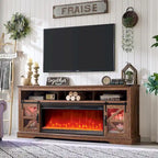 Meuble TV avec cheminée électrique et portes coulissantes style grange, 4 couleurs, compatible TV jusqu'à 80"