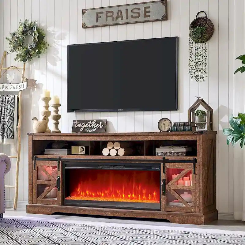 Meuble TV avec cheminée électrique et portes coulissantes style grange, 4 couleurs, compatible TV jusqu'à 80"