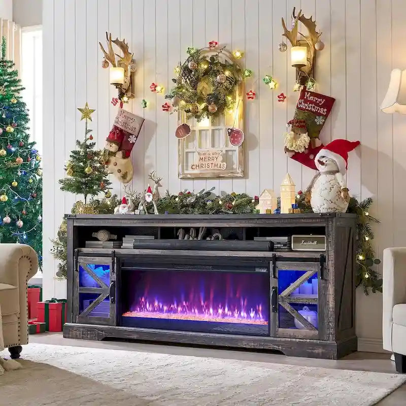 Meuble TV avec cheminée électrique et portes coulissantes style grange, 4 couleurs, compatible TV jusqu'à 80"
