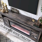 Meuble TV avec cheminée électrique et portes coulissantes style grange, 4 couleurs, compatible TV jusqu'à 80"