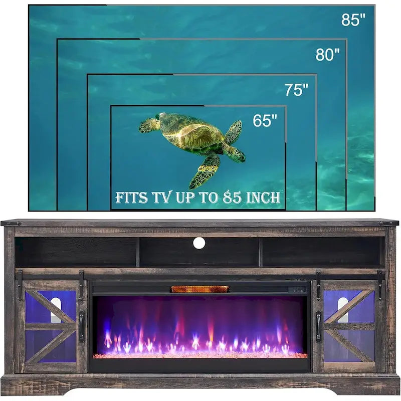 Meuble TV avec cheminée électrique et portes coulissantes style grange, 4 couleurs, compatible TV jusqu'à 80"