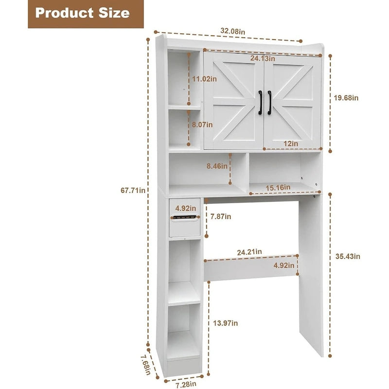 Meuble de rangement WC blanc, 2 portes et 6 étagères ouvertes, pour 1