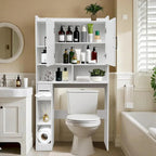 Meuble de rangement WC blanc, 2 portes et 6 étagères ouvertes, pour 1
