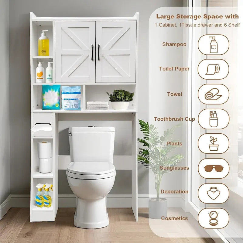 Meuble de rangement WC blanc, 2 portes et 6 étagères ouvertes, pour 1