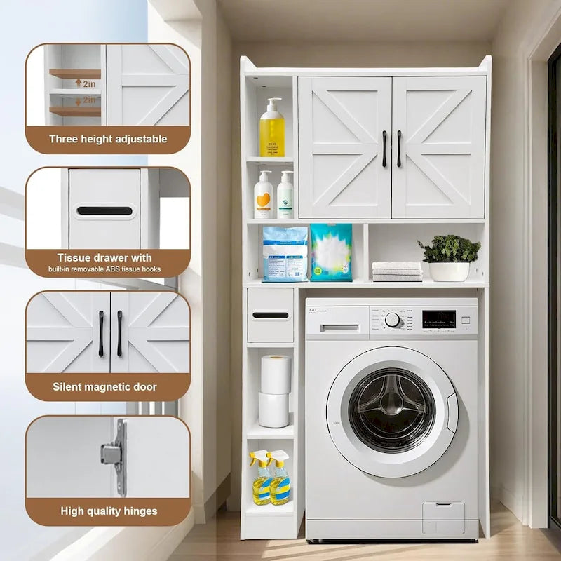 Meuble de rangement WC blanc, 2 portes et 6 étagères ouvertes, pour 1