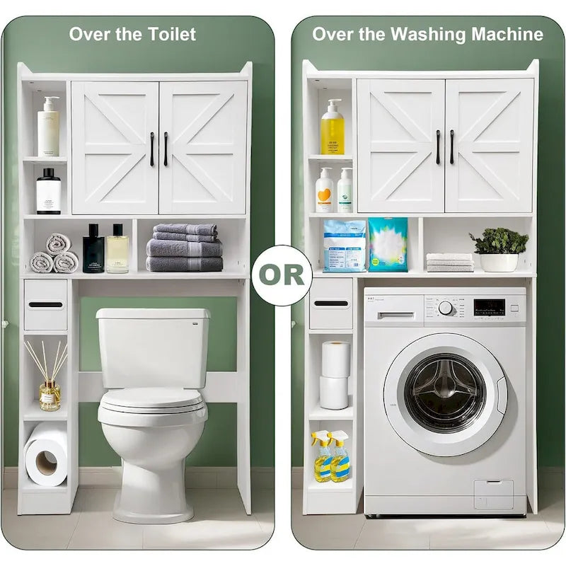 Meuble de rangement WC blanc, 2 portes et 6 étagères ouvertes, pour 1